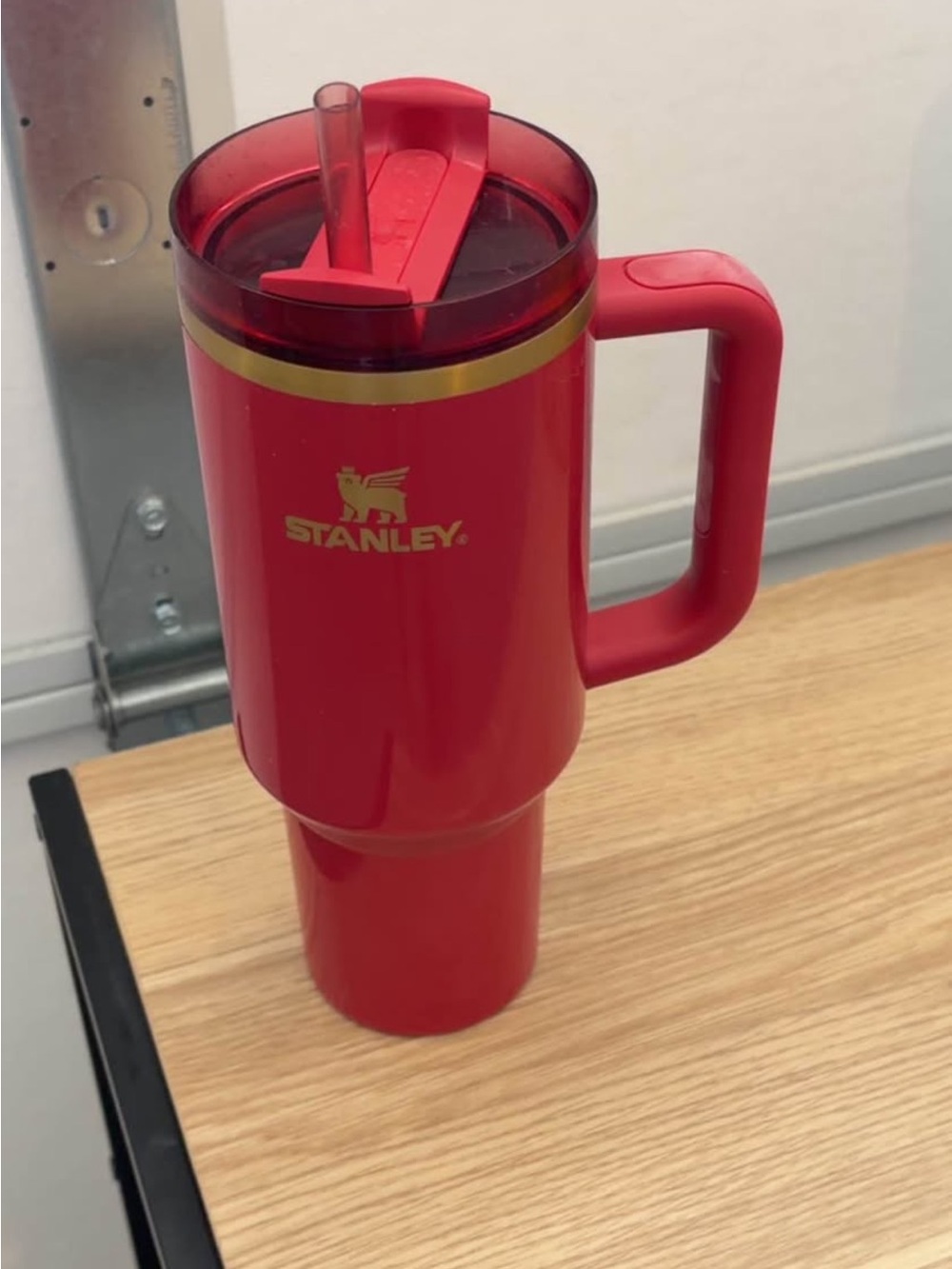 Stanley Red Travel Mug with Gold Accent and Handle - Rare Holiday
